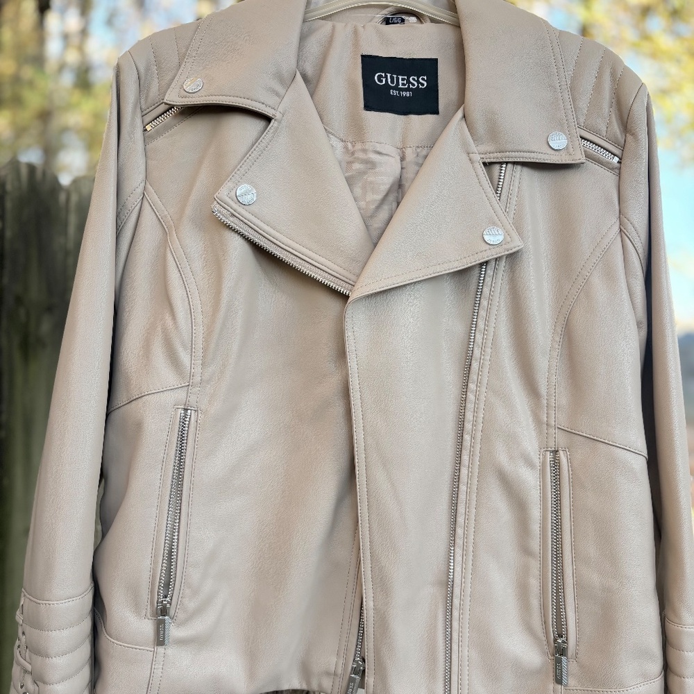 Excellent condition- Beige Faux-Leather Moto Jacket — Quilted Sleeves - Picture 5 of 8
